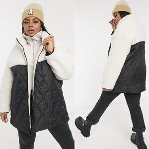 nwot ASOS Curve, Borg Quilted Sherpa Midi Jacket, Black/Ivory, Size 14-16